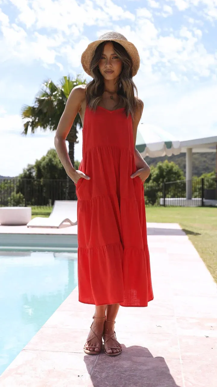 Red Slip Tiered Midi Dress