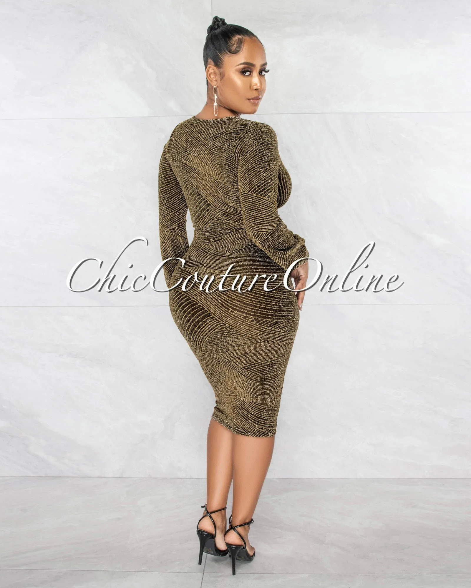 *Shebra Black Gold Shimmer Print Midi Dress