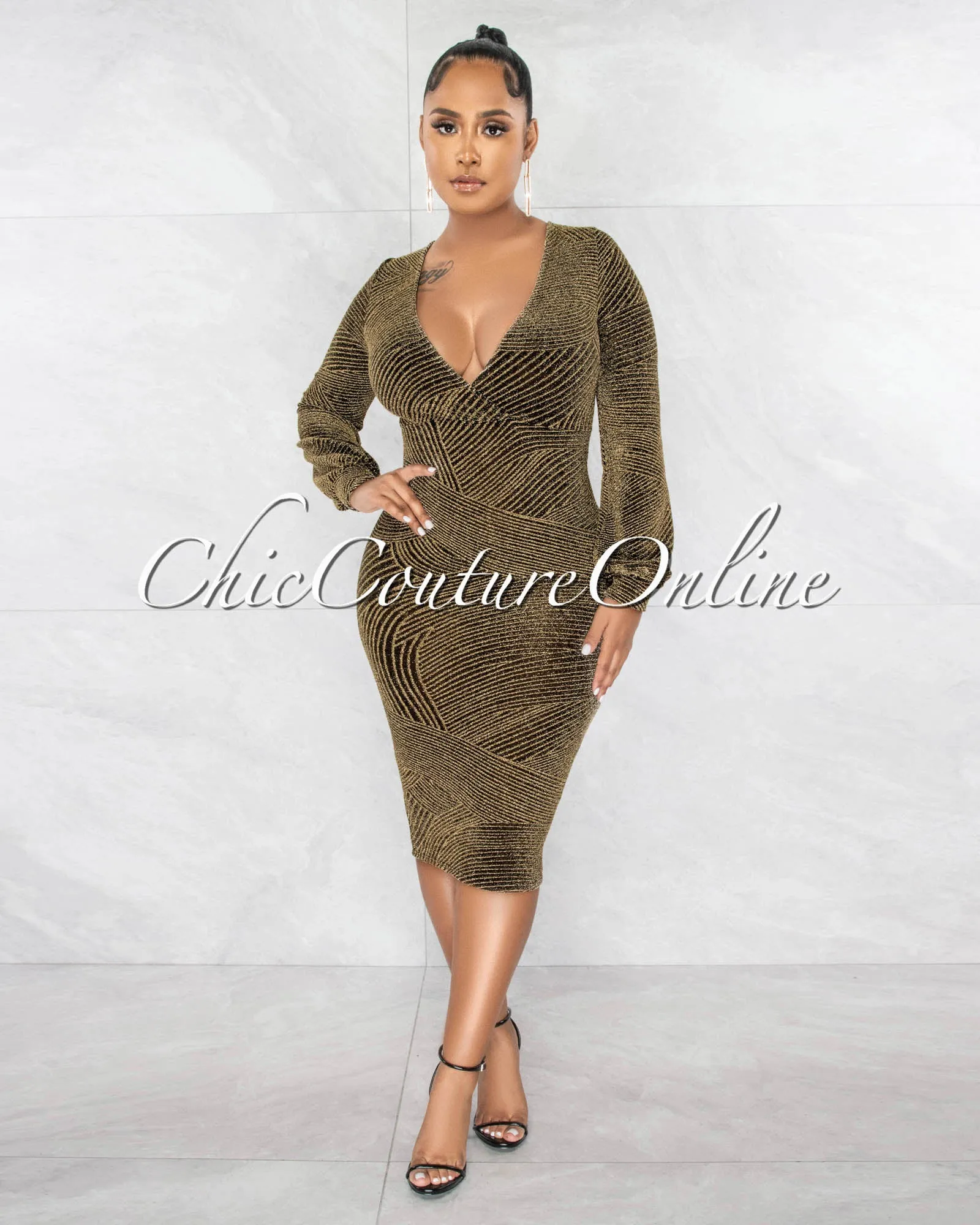 *Shebra Black Gold Shimmer Print Midi Dress