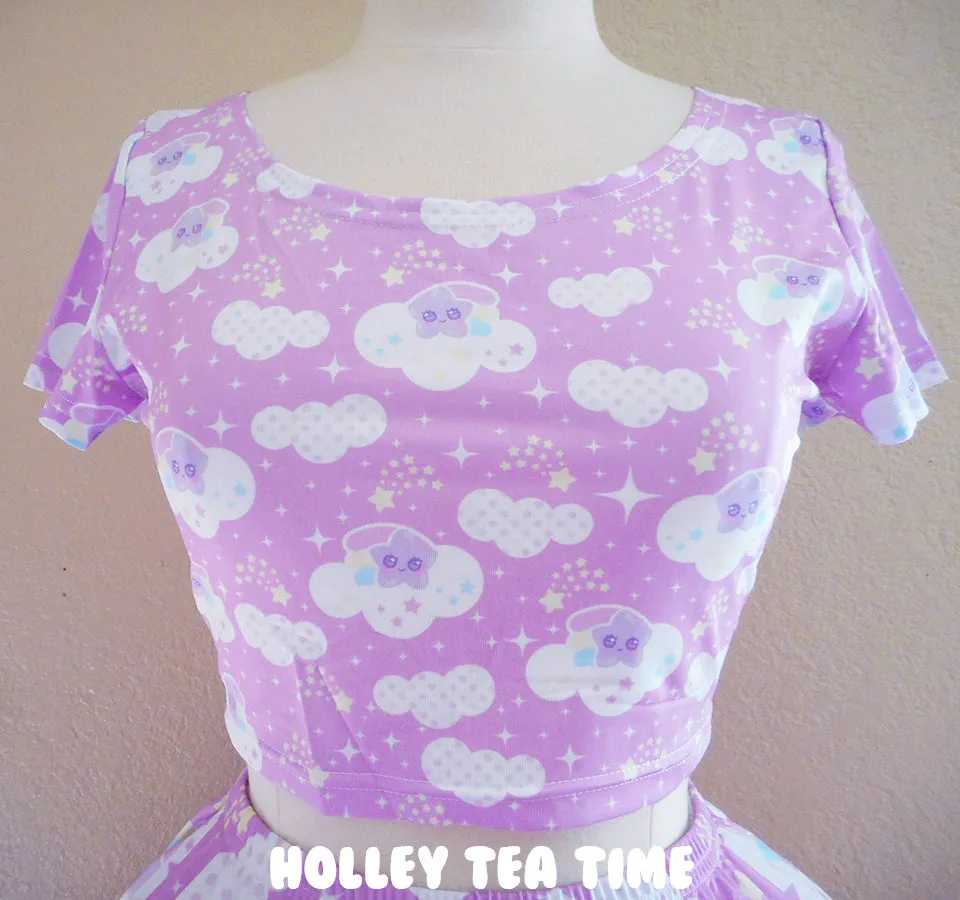 Shooting Star Clouds Pink Short Sleeve Crop Top [Made To Order]