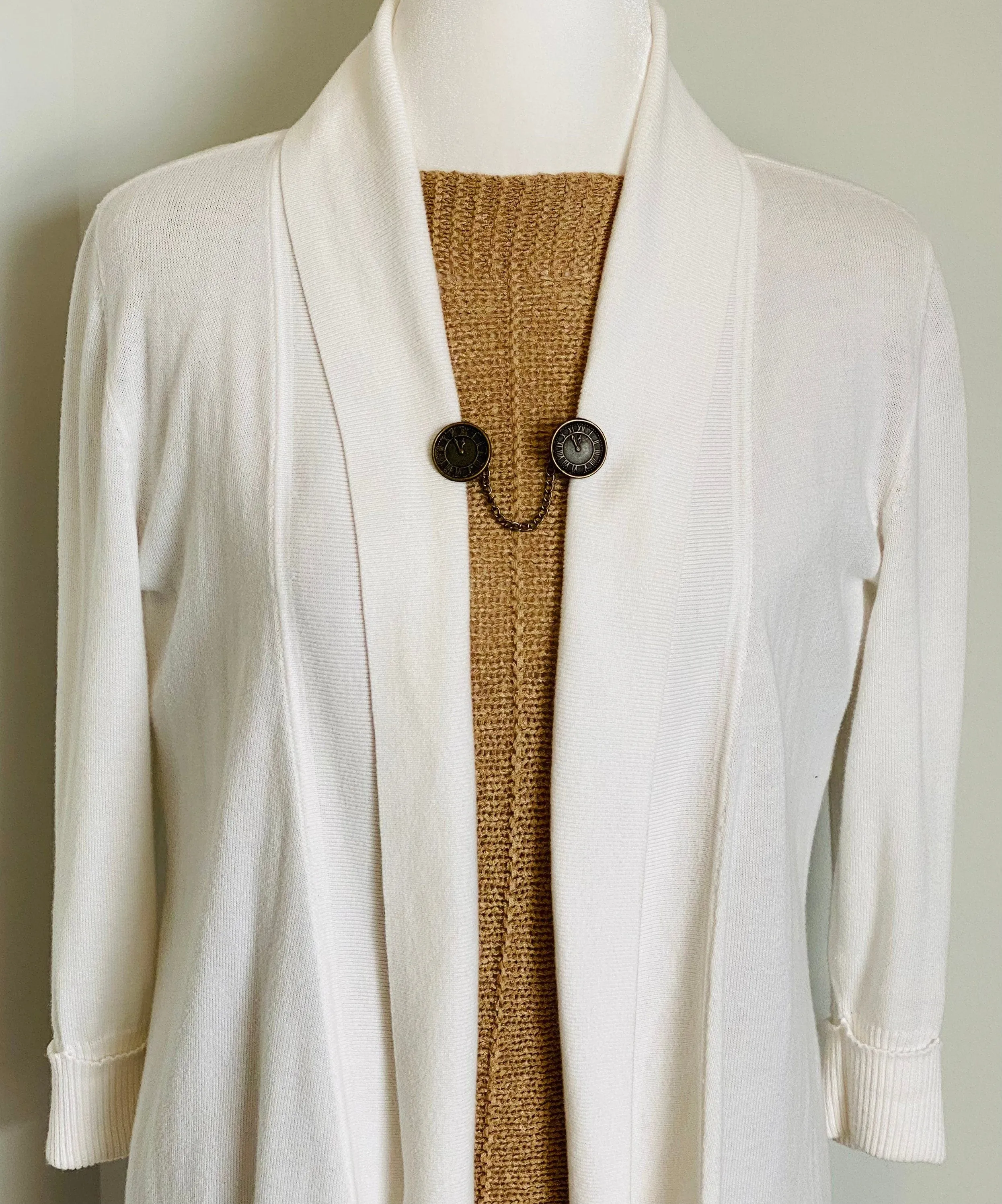 Sweater Clips Bronze Clock Face Sweater Clip Cardigan Clasp Chained Watch Style Dress Clip Sweater Guard Gifts for Her by Fabulici
