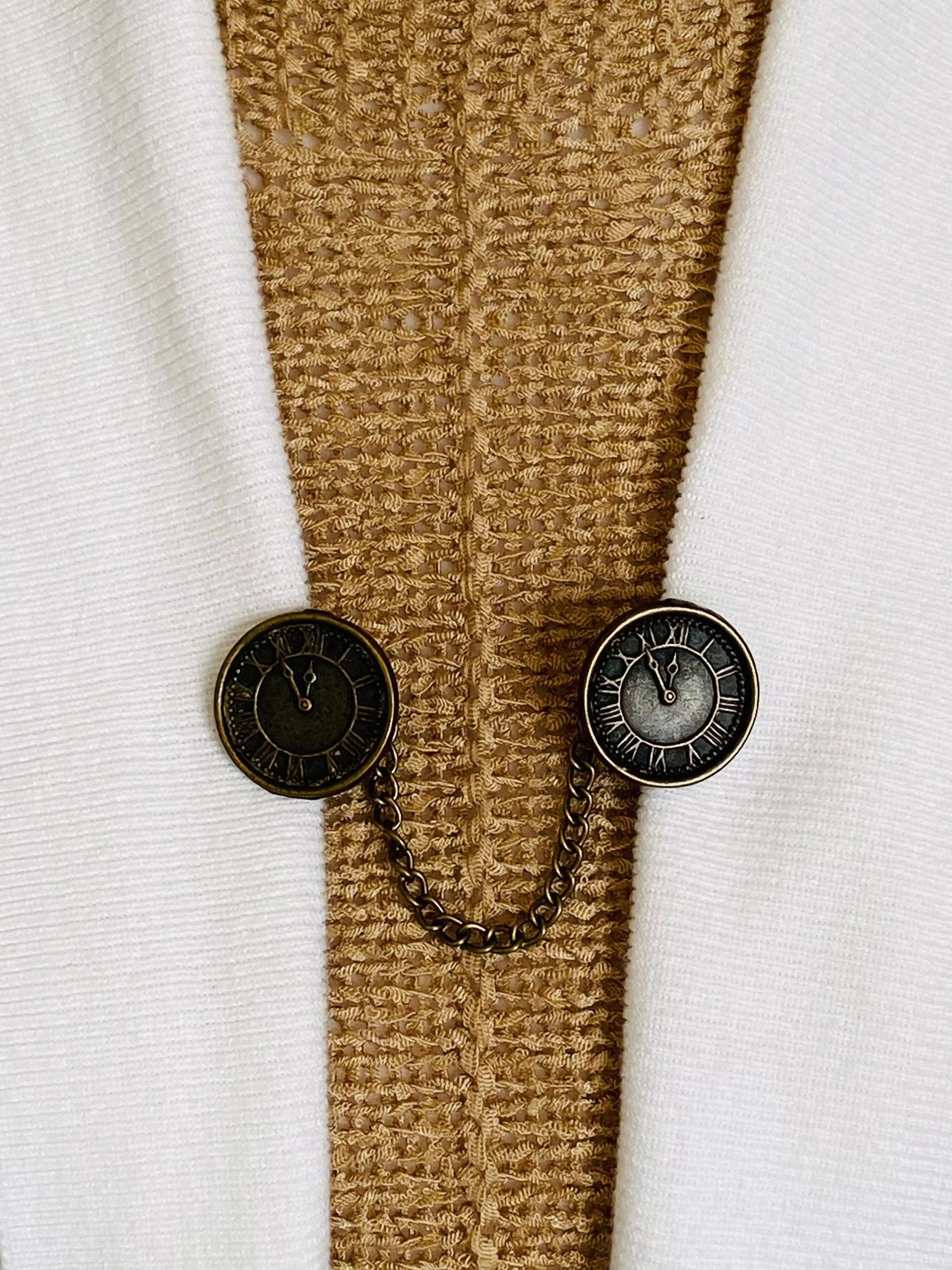 Sweater Clips Bronze Clock Face Sweater Clip Cardigan Clasp Chained Watch Style Dress Clip Sweater Guard Gifts for Her by Fabulici