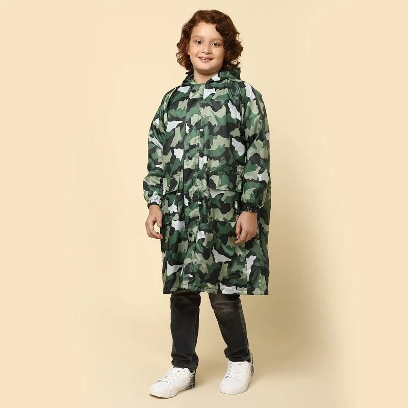 THE CLOWNFISH Archie Series Kids Waterproof PVC Longcoat with Adjustable Hood & Extra Space for Backpack/Schoolbag Holding. Plastic Pouch. Kid Age-10-11 years (Size-39-Green)