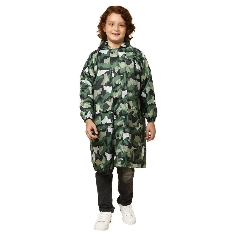 THE CLOWNFISH Archie Series Kids Waterproof PVC Longcoat with Adjustable Hood & Extra Space for Backpack/Schoolbag Holding. Plastic Pouch. Kid Age-10-11 years (Size-39-Green)