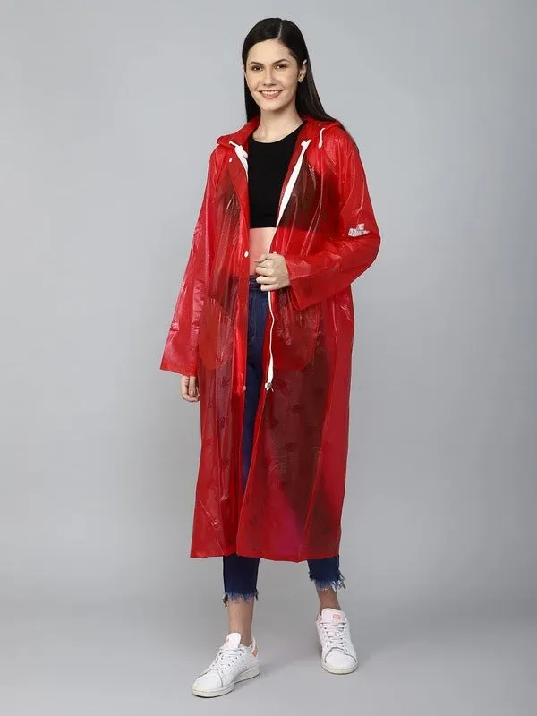 THE CLOWNFISH Cindrella Series Womens Waterproof PVC Self Design Longcoat/Raincoat with Adjustable Hood (White, X-Large)