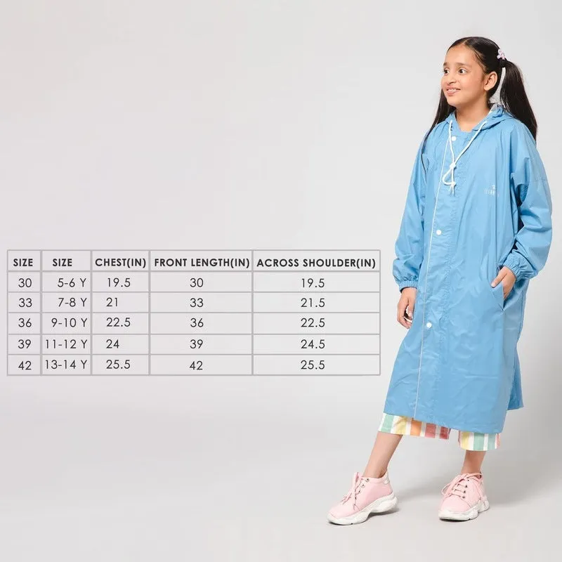THE CLOWNFISH Cloud Chaser Series Kids Raincoat Waterproof Polyester Double Coating Reversible Longcoat with Hood and Reflector Logo at Back. Printed Plastic Pouch. Kid Age-7-8 years (Skyblue)