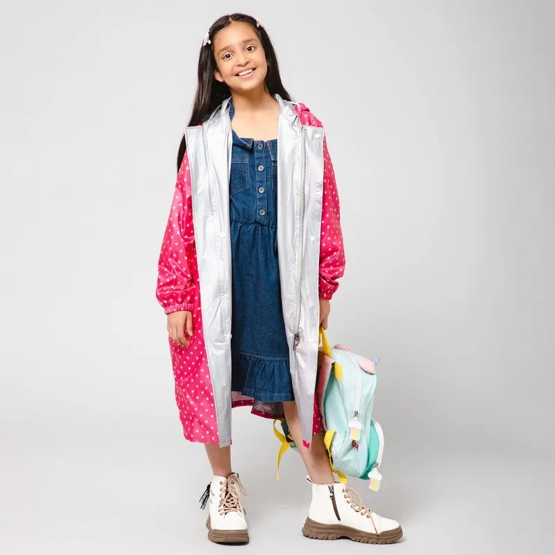 The Clownfish Drizzle Dot Series Kids Raincoat Waterproof Polyester Double Coating Reversible Longcoat with Hood and Reflector Logo at Back. Printed Plastic Pouch. Kid Age-11-12 years (Bubblegum Pink)