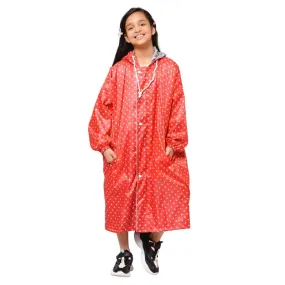 The Clownfish Drizzle Dot Series Kids Raincoat Waterproof Polyester Double Coating Reversible Longcoat with Hood and Reflector Logo at Back. Printed Plastic Pouch. Kid Age-11-12 years (Strawberry Red)