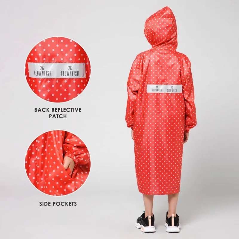 The Clownfish Drizzle Dot Series Kids Raincoat Waterproof Polyester Double Coating Reversible Longcoat with Hood and Reflector Logo at Back. Printed Plastic Pouch. Kid Age-11-12 years (Strawberry Red)