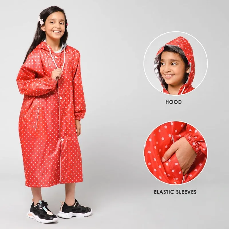 The Clownfish Drizzle Dot Series Kids Raincoat Waterproof Polyester Double Coating Reversible Longcoat with Hood and Reflector Logo at Back. Printed Plastic Pouch. Kid Age-11-12 years (Strawberry Red)
