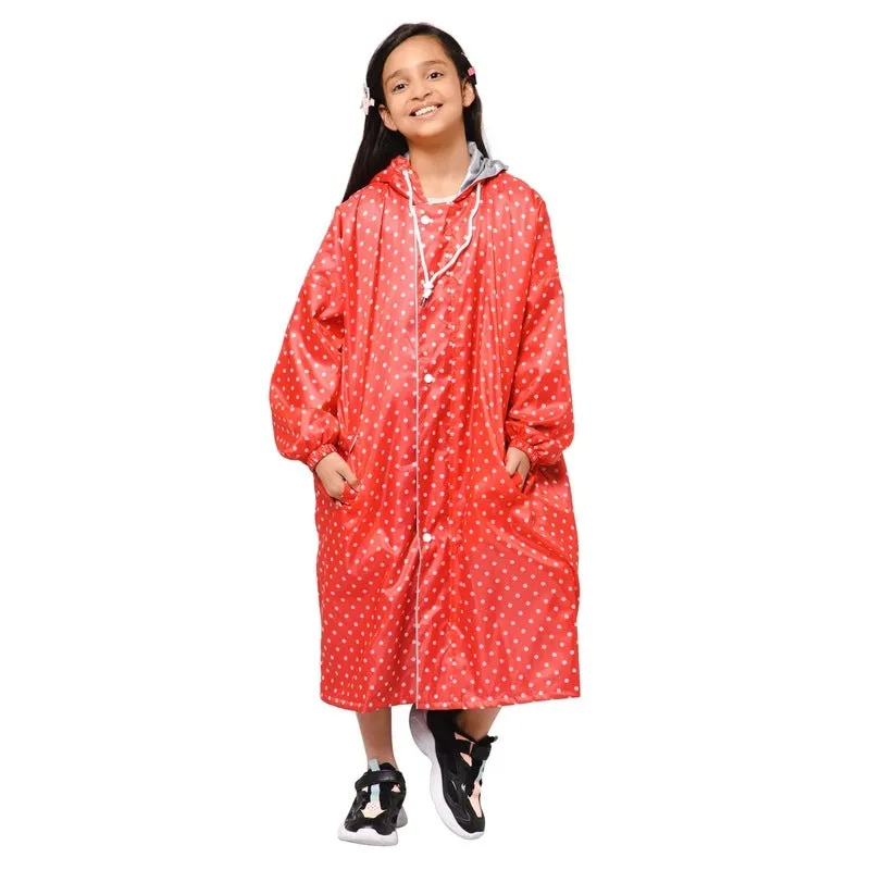 The Clownfish Drizzle Dot Series Kids Raincoat Waterproof Polyester Double Coating Reversible Longcoat with Hood and Reflector Logo at Back. Printed Plastic Pouch. Kid Age-11-12 years (Strawberry Red)
