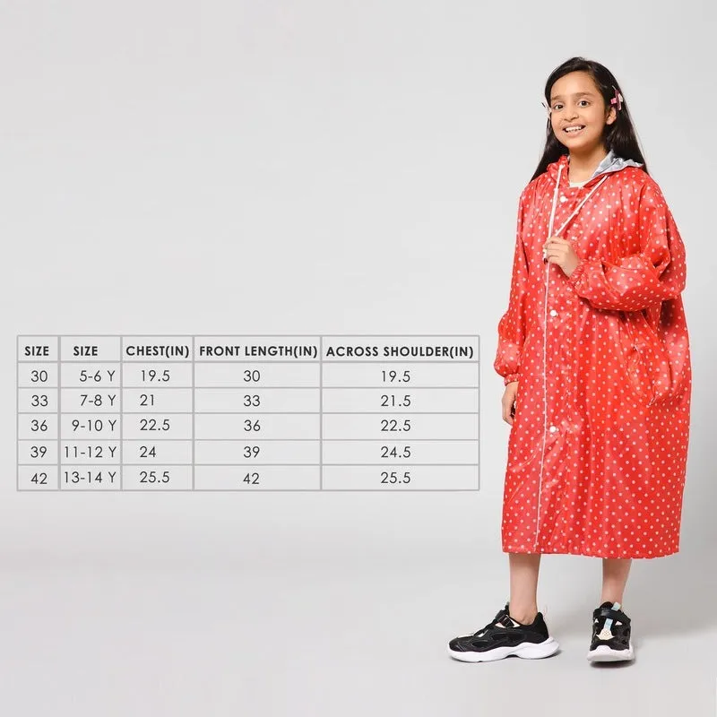 The Clownfish Drizzle Dot Series Kids Raincoat Waterproof Polyester Double Coating Reversible Longcoat with Hood and Reflector Logo at Back. Printed Plastic Pouch. Kid Age-11-12 years (Strawberry Red)