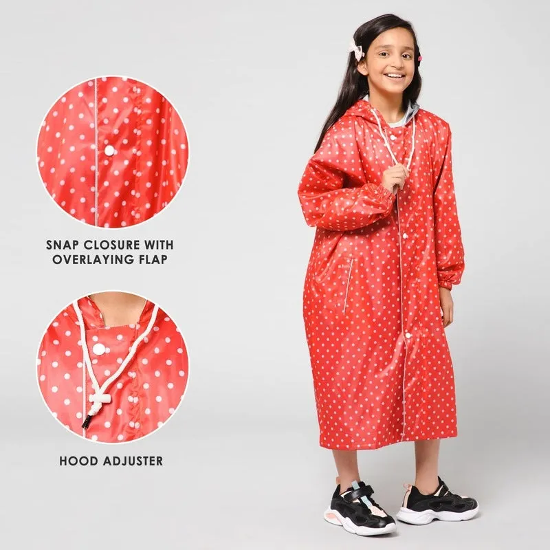 The Clownfish Drizzle Dot Series Kids Raincoat Waterproof Polyester Double Coating Reversible Longcoat with Hood and Reflector Logo at Back. Printed Plastic Pouch. Kid Age-11-12 years (Strawberry Red)