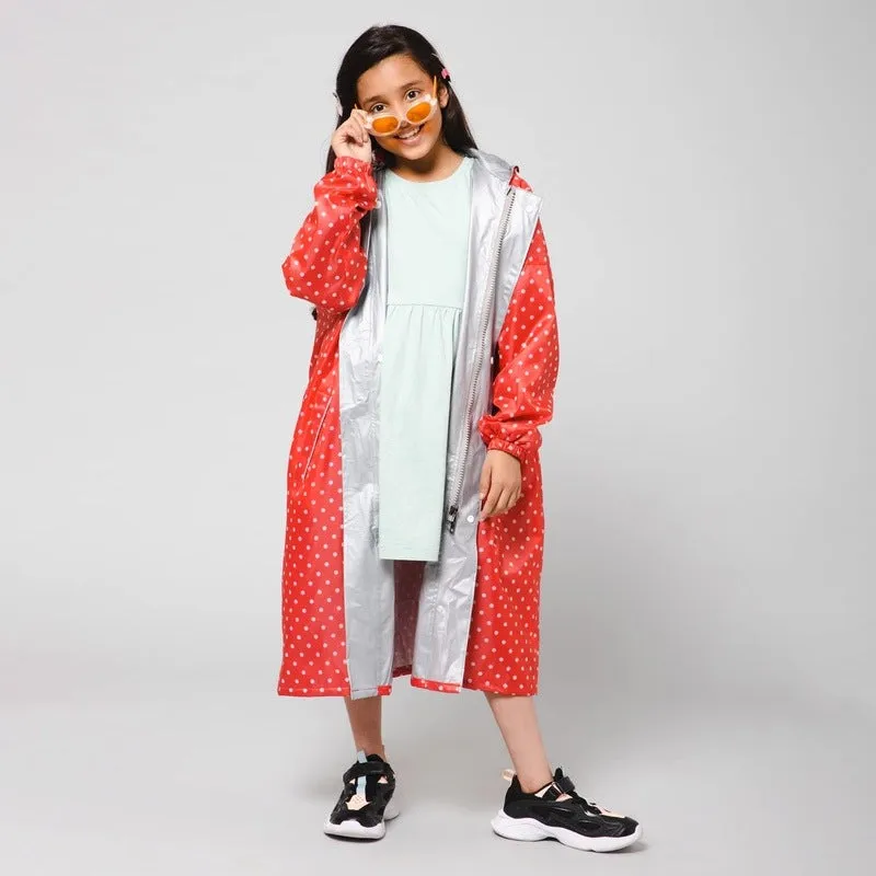 The Clownfish Drizzle Dot Series Kids Raincoat Waterproof Polyester Double Coating Reversible Longcoat with Hood and Reflector Logo at Back. Printed Plastic Pouch. Kid Age-11-12 years (Strawberry Red)