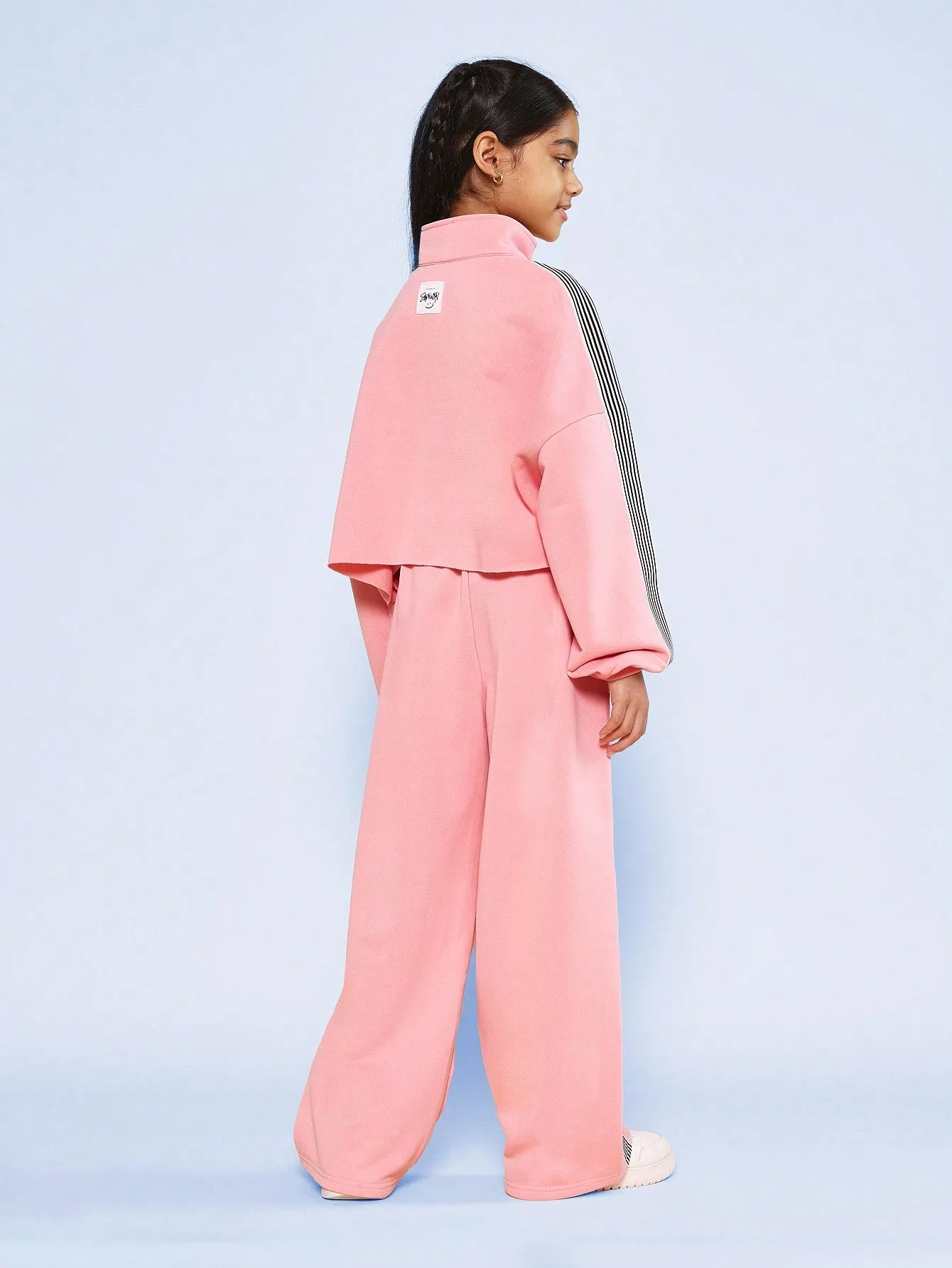Tween Girls Crop Long Sleeve Funnel Neck Track Shirt And Pant With Side Stripe Tape & Embroidered Butterfly 2 Piece Set