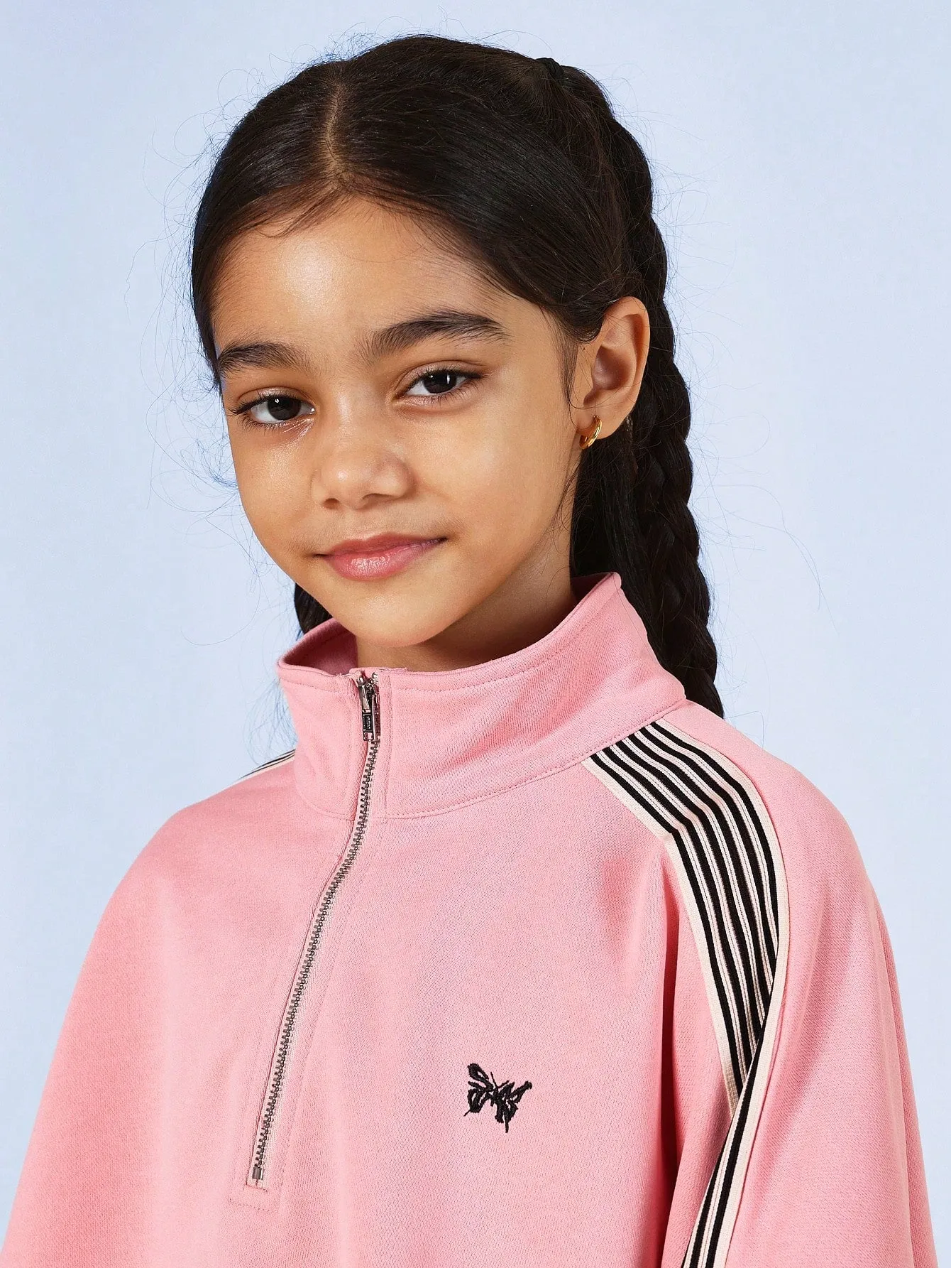Tween Girls Crop Long Sleeve Funnel Neck Track Shirt And Pant With Side Stripe Tape & Embroidered Butterfly 2 Piece Set