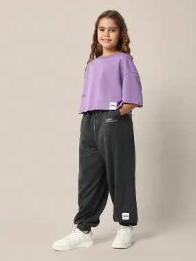 Tween Girls Everyday Lilac Crop Fit Raw Edge Tee And Dark Grey Jogger 2 Piece Set