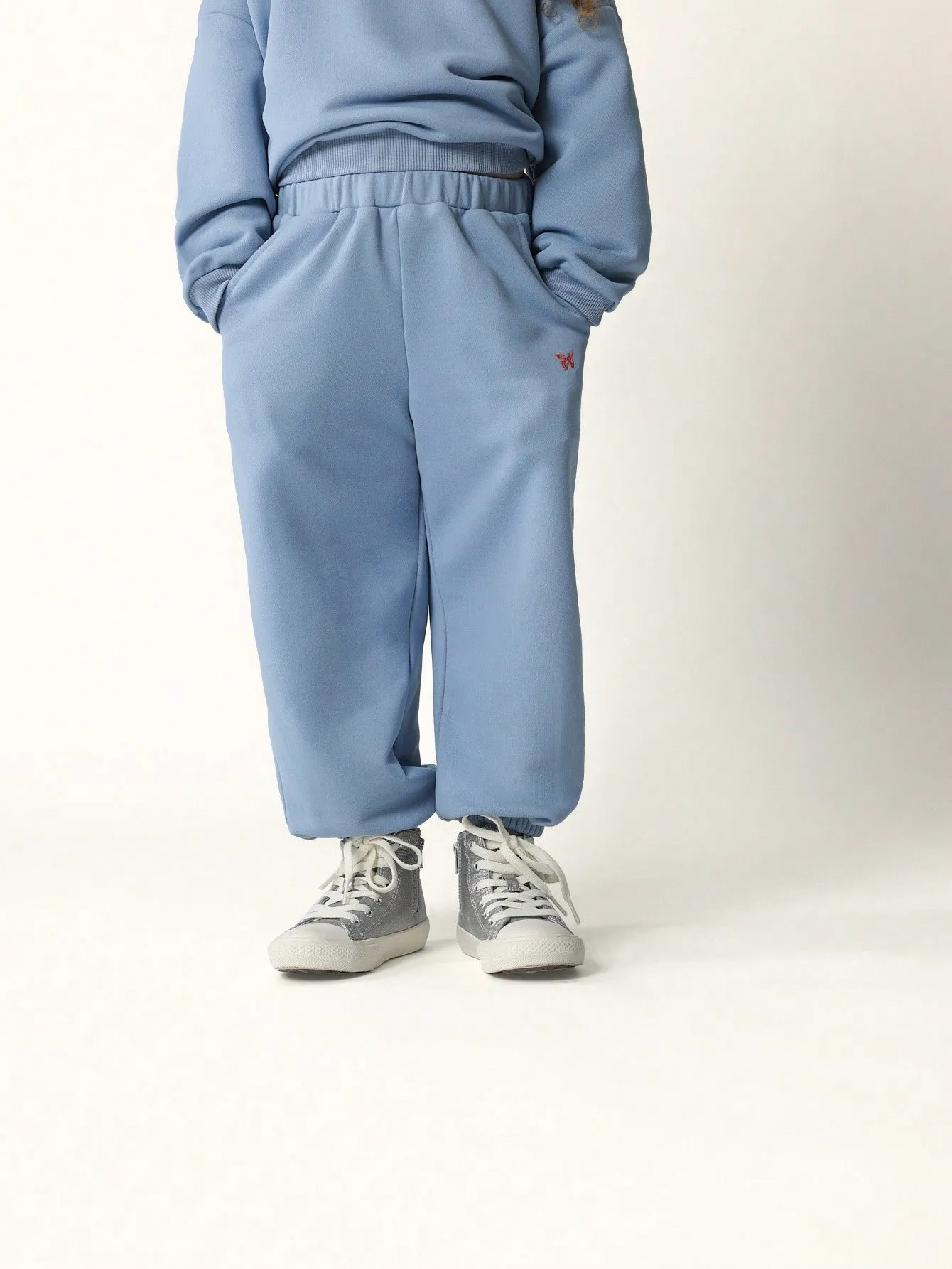Young Girls Comfy Blue Crew Neck Sweatshirt And Cuffed Jogger With Embroidered Butterfly 2 Piece Set