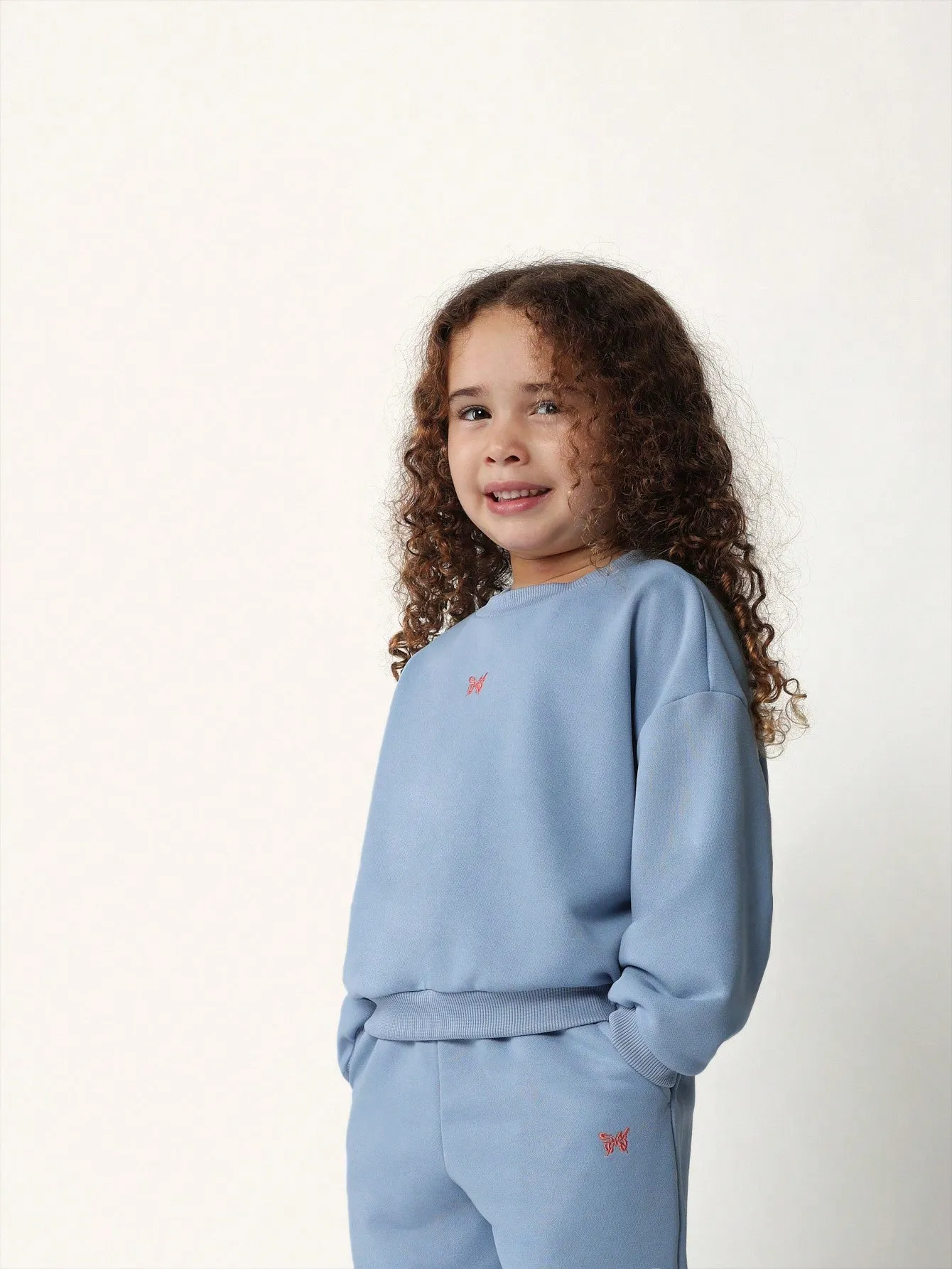 Young Girls Comfy Blue Crew Neck Sweatshirt And Cuffed Jogger With Embroidered Butterfly 2 Piece Set