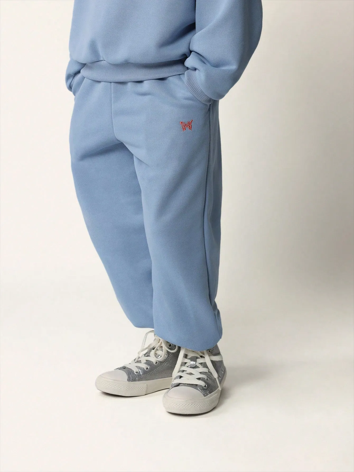 Young Girls Comfy Blue Crew Neck Sweatshirt And Cuffed Jogger With Embroidered Butterfly 2 Piece Set