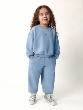 Young Girls Comfy Blue Crew Neck Sweatshirt And Cuffed Jogger With Embroidered Butterfly 2 Piece Set